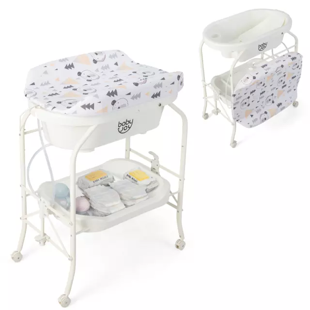 Baby Changing Table w/Bathtub, Folding & Portable Diaper Station w/Wheels White