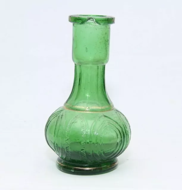 Old Green Glass Bottle /Vase  Beautiful floral Inlay Work and Golden Bands India