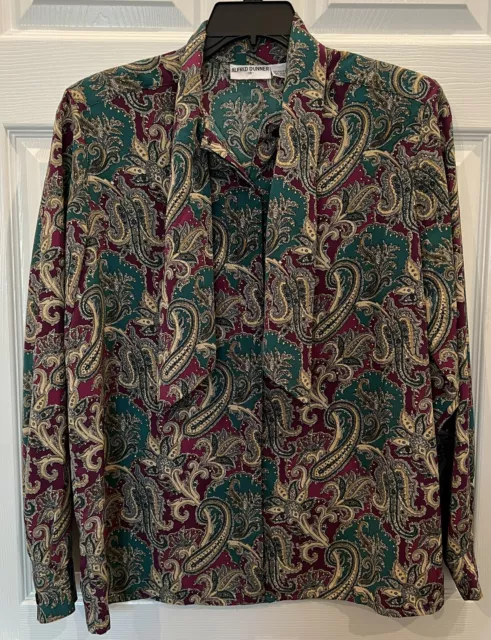 ALFRED DUNNER Vintage Blouse Sz 14 Purple Teal Tan Shirt BOW Neck Long Sleeve