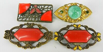 Art Deco Czech Set Of 4 Red & Green Art Glass Filigree & Enamel Brooch Pins