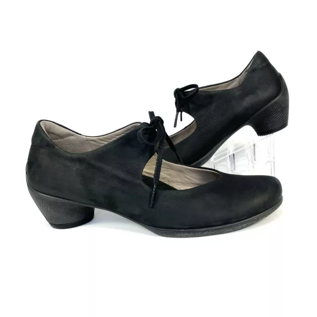 Ecco Sculptured Lace Mary Jane Black Nubuck Leather Comfort Pump Heel 38 / 7-7.5