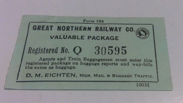 Vint. Great Northern Railway Valuable Package Tag Gnry Railroad Baggage Check #2