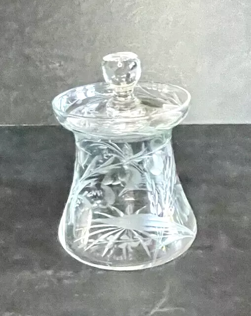 Vtg Etched Glass Jam Jelly Jar with Lid Mustard or Honey Pot 4"x3" 2