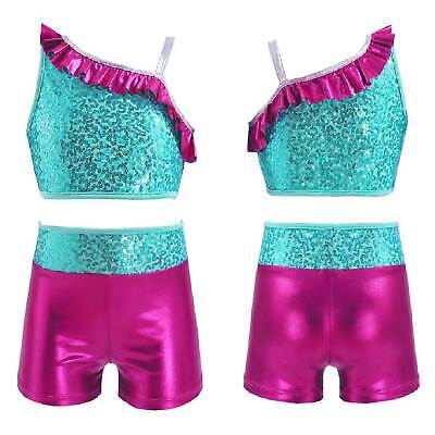 2Pcs Kids Girls Dance Outfit Sequins Jazz One Shoulder Crop Top and Shorts Set