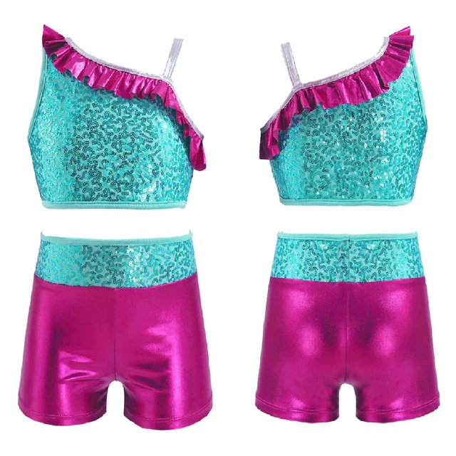 Kids Girls Sequins Ballet Dance Outfit Sports Crop Top Shorts Sets Gym Dancewear