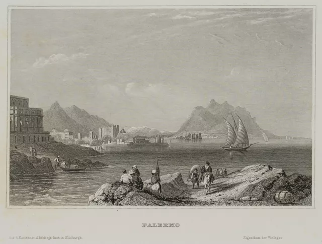 Küstenlandschaft bei Palermo, Stahlstich Romantik Landschaft Unbekannt (19.Jhd)