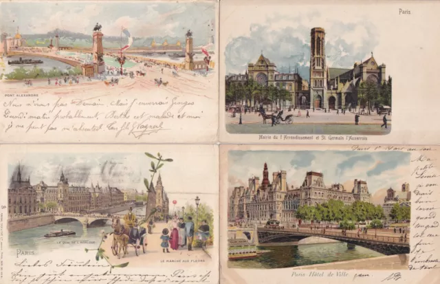 Lot de 4 cartes postales anciennes postcards PARIS aquarelle dessin peinture 1