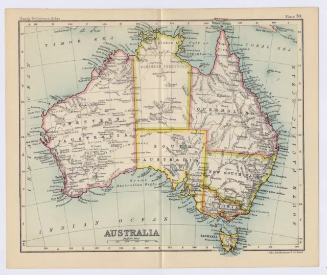 1912 Antique Map Of Australia / Verso History Of Exploration / Rainfall