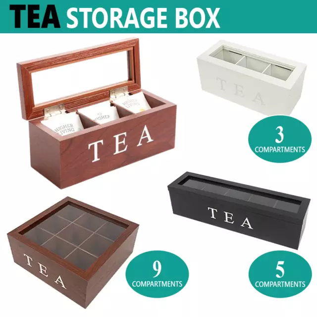 Wooden Tea Bag Storage Chest Box with Glass Window Wood Jewellery Organiser