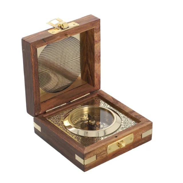 Pocket Compass Gold Plated Vintage Handcrafted Wooden Box Gear for Camping Gifts