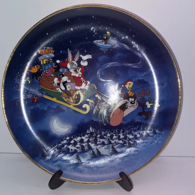 Franklin Mint Porcelain Plate Looney Tunes What's Up Santa? 1993 Gold Trim TAZ