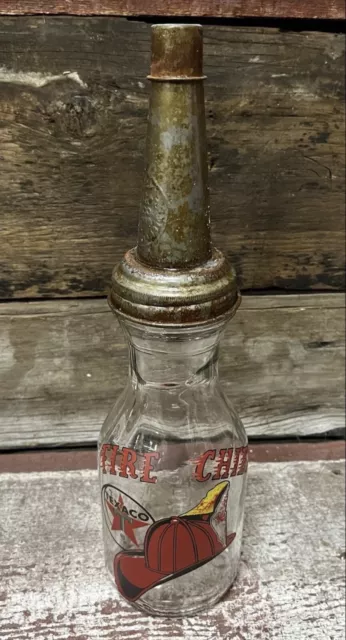Texaco FIRE CHIEF 1 Qt. Glass Motor Oil Bottle w/ Tin Master Mfg. Co. Spout~Cap