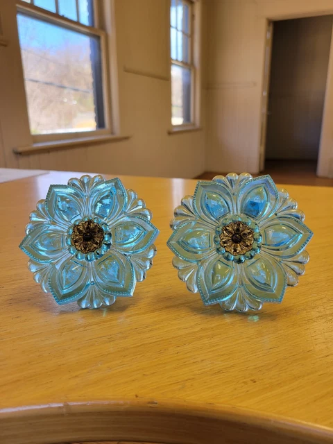 Antique Peacock Blue Glass Curtain Tie Backs 1 Pair 2