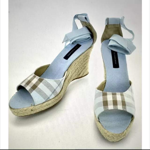 Burberry Women Sandals Wedge Espadrilles Nova Check Blue OpenToe Sandals Size 40