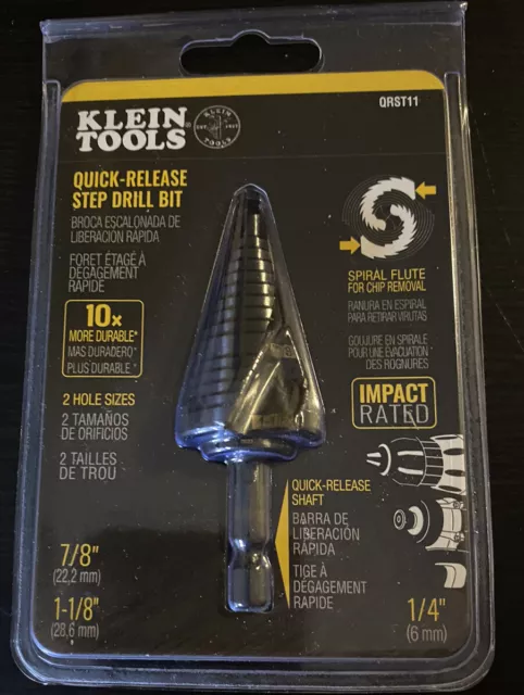 KLEIN TOOLS QRST11 Quick-Release Step Drill Bit SPIRAL FLUTE 7/8-1-1/8-Inch New