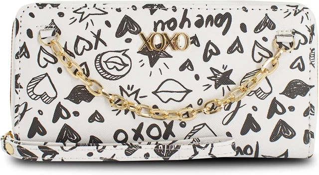 XOXO Womens Wallet Small White Graffeti Print Saffiano Leather Sleek Zip Around