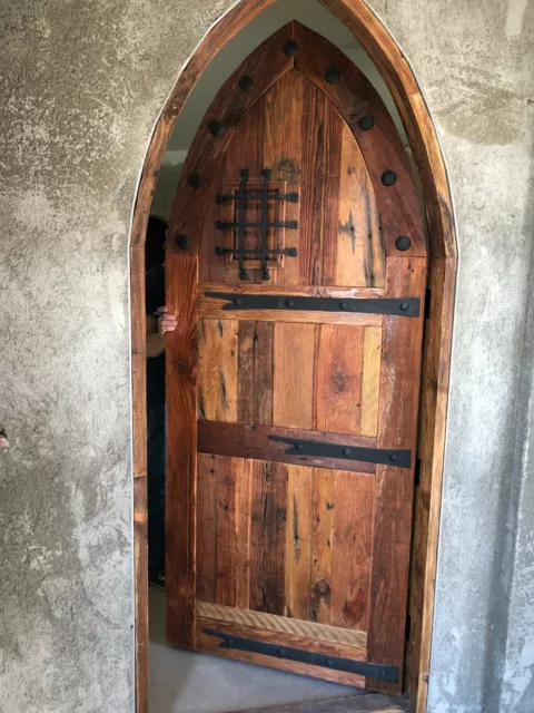 Rustic reclaimed lumber arched top Tudor DOOR speakeasy wrought iron hardware
