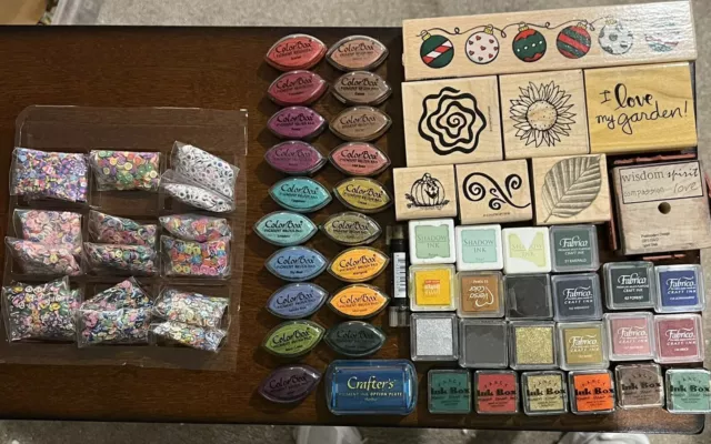 Stamp Lot Scrapbooking Crafting Stamps Color box Ink Pads Small Embellishments