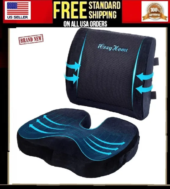 Coccyx Orthopedic Pillow Seat Cushion + Back Lumbar for Car & Office Memory Foam