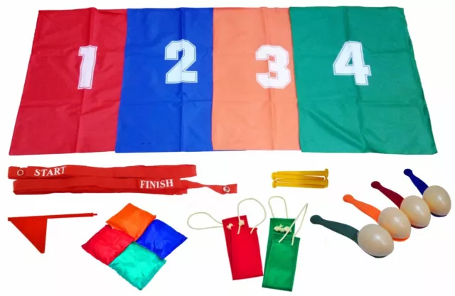 4 In 1 School Sports Day Games Set 3 Legged, Sack, Bean Bag & Egg & Spoon Race