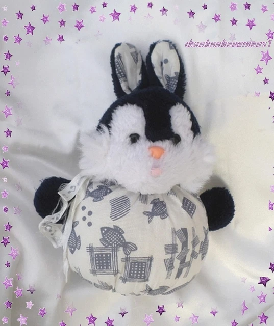 Doudou Peluche Boule Lapin Blanc Et Bleu Marine Imprimé Poissons Nounours