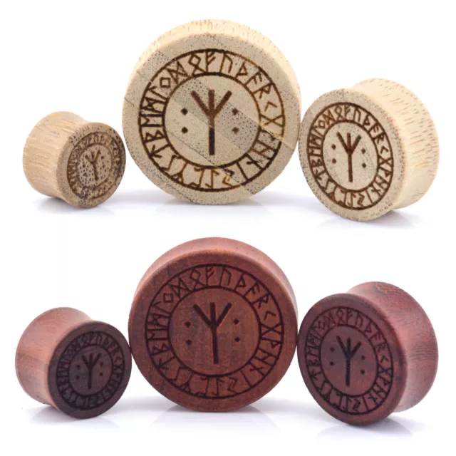 Nordic Rune Symbols Wood Ear Plug - Laser Engraved Double Flared Bamboo or Rose