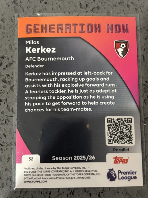 2025-26 TOPPS PREMIER League Milos Kerkez Generation Now /150 AFC ...