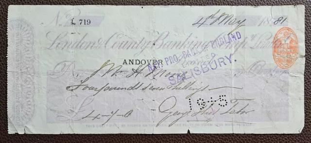 1881 London & County Banking Company, Andover Branch GB Cheque