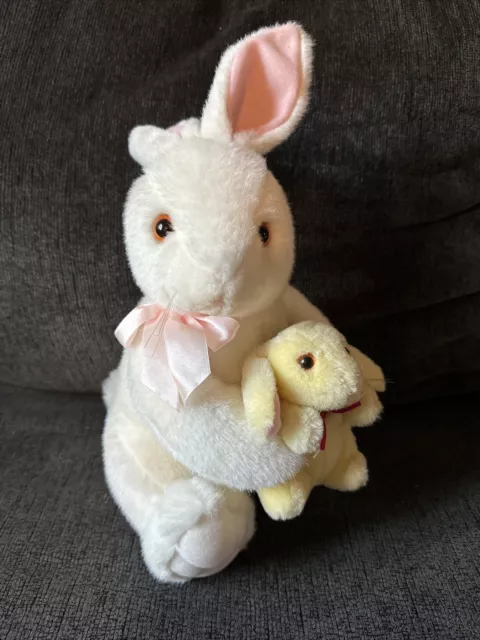 Vintage Walmart White Bunny Rabbit holding Baby Bunny Plush Pink Ribbon Easter