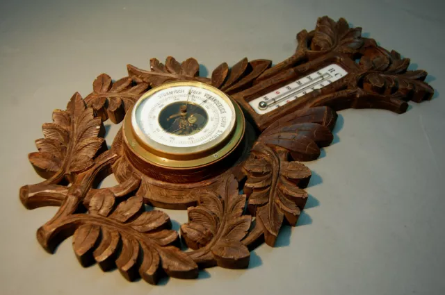 Barometer Wetterstation Thermometer Holz geschnitzt ~ 1900