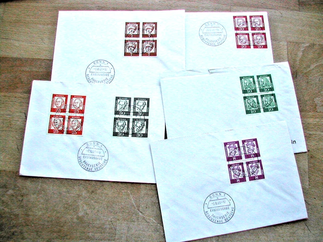 Bund 1961 fünf 4 er Block FDC Mi.Nr.348,349,350,352,353,354. Bedeutende Deutsche