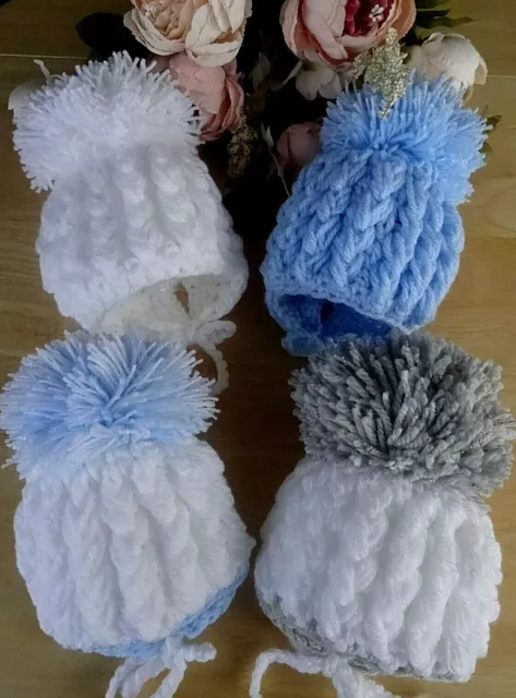 Hand Knitted Baby Hat Boy Girl Crochet Pom Pom Ties White Blue Grey Newborn 0 3m 2