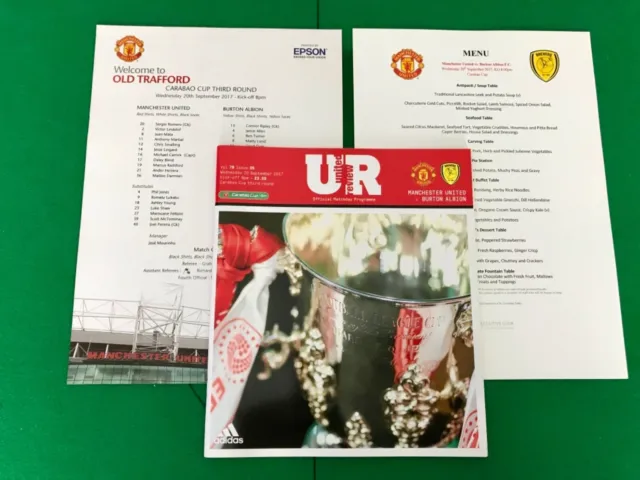 Manchester United v Burton Albion. September 2017. Programme, T/Sheet, Menu.