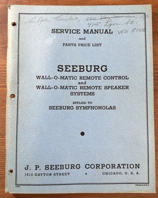 Vintage 1930s Original Seeburg Manual Parts List Wall-O-Matic Remote Speakers