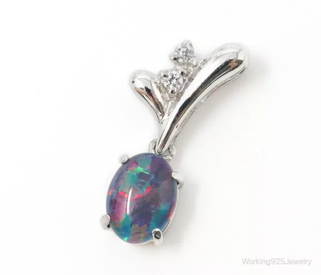 Vintage Opal Cubic Zirconia Sterling Silver Necklace Pendant