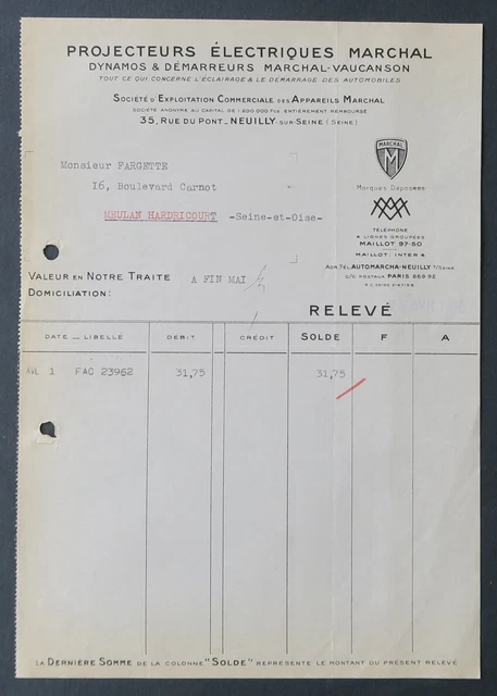 Facture Automobile Peugeot 1933 – Document Ancien – Collection – Occasion