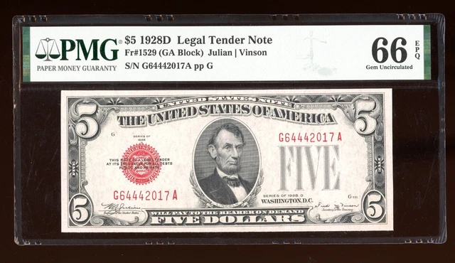 DBR 1928-D $5 Legal Fr. 1529 Vinson Gem GA Block PMG 66 EPQ Serial G64442017A