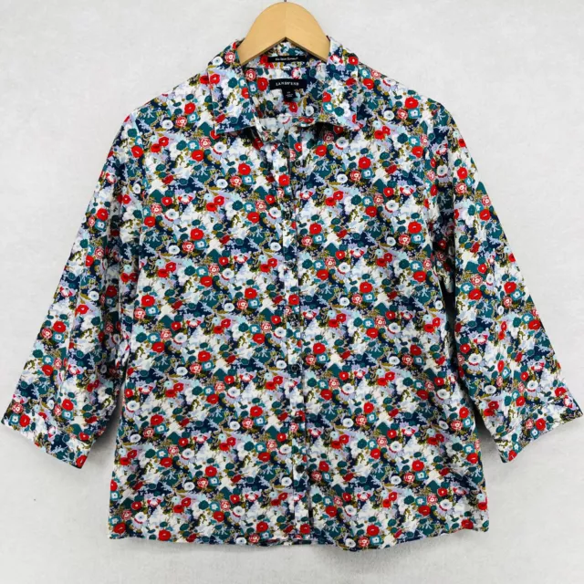 LANDS' END Shirt Womens 12 L No Iron Supima Cotton Ditsy Floral Button Up Blouse