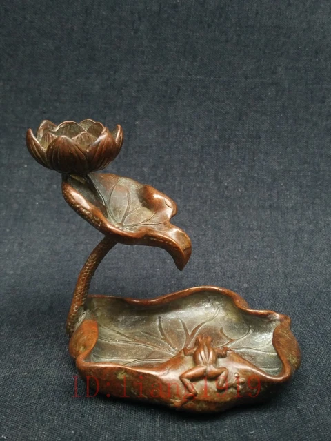 Collected Old China Bronze Carving Lovely Frog Lotus Leaf Backflow Incense Stand