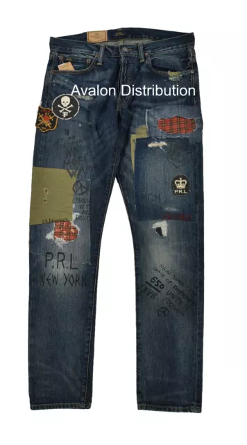 Polo Ralph Lauren Sullivan Slim Fit Délavé Graffiti Réparé Patch Jean Neuf