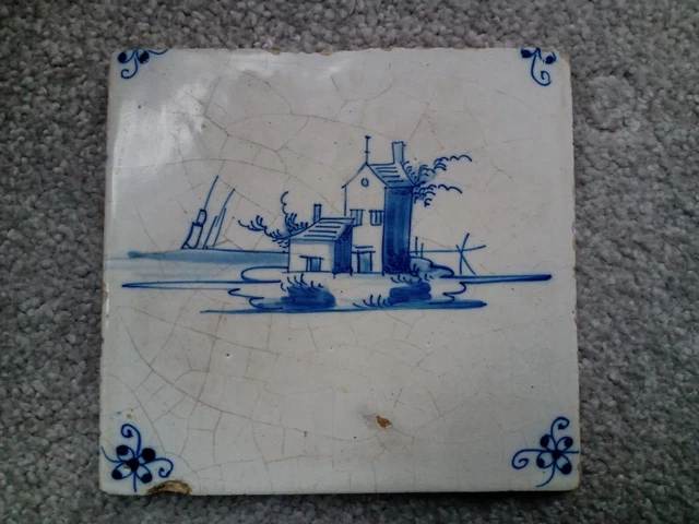 Antique Dutch Blue & White  Delft Tile 5 inch square House & Distant Boats