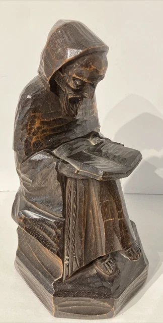 Antique Vintage Monk Hand Carved Wood Sculpture Signed MJC 9"