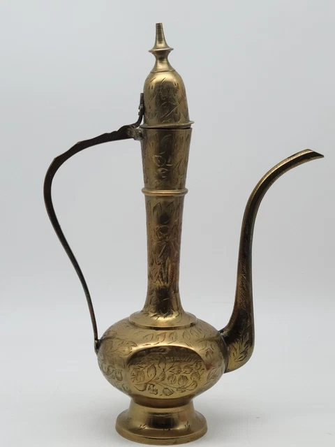 Brass Teapot or Oil Vessel India Lamp Etched Brass with Hinged Lid