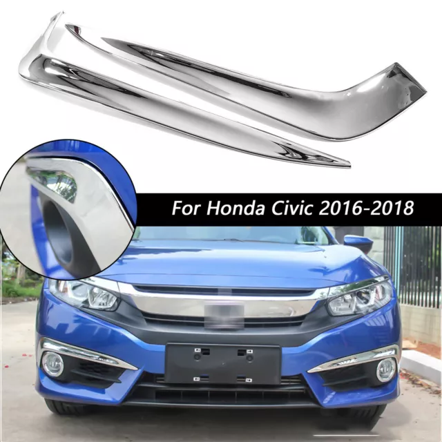 Per Honda Civic 2016-18 10th Chrome Front Fog Light Eyelock Strips Molding Trim