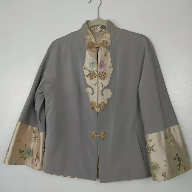 Antique Silk Jacket Women's (S/M?) Gray Cream Reversible Floral Brocade No Size