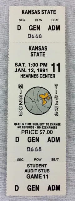 1991 01/12 Kansas State at Missouri Tigers Basketball Full Ticket