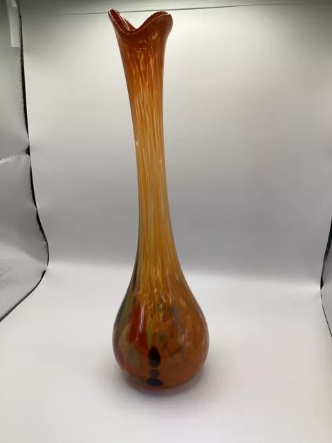 Art Glass Tall Bud Vase, Orange Mottled Splatter Design, Romanian?