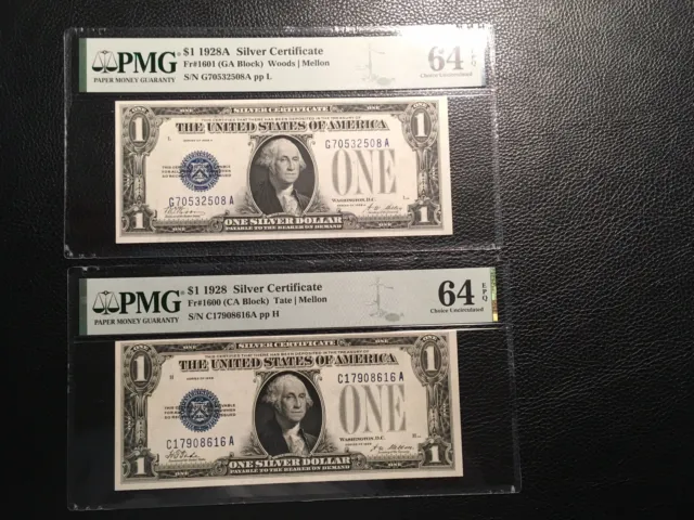 1.00 1928 Silver Certificate Fr1600-1601 PMG 64 Choice Unc.EPQ 2 Notes This Lot