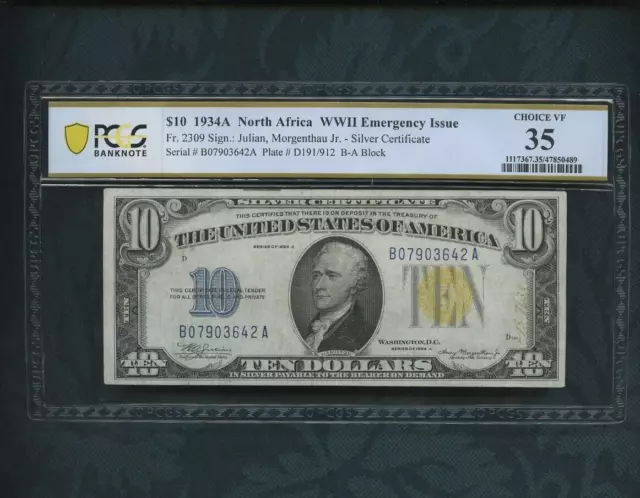 1934A North Africa  WWII Emergency Issue  $10 dollars Fr # 2309 PCGS 35