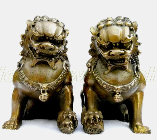 Antique Bronze Fengshui Fu Foo Dog Lion Pair Old Door god Lions Statue